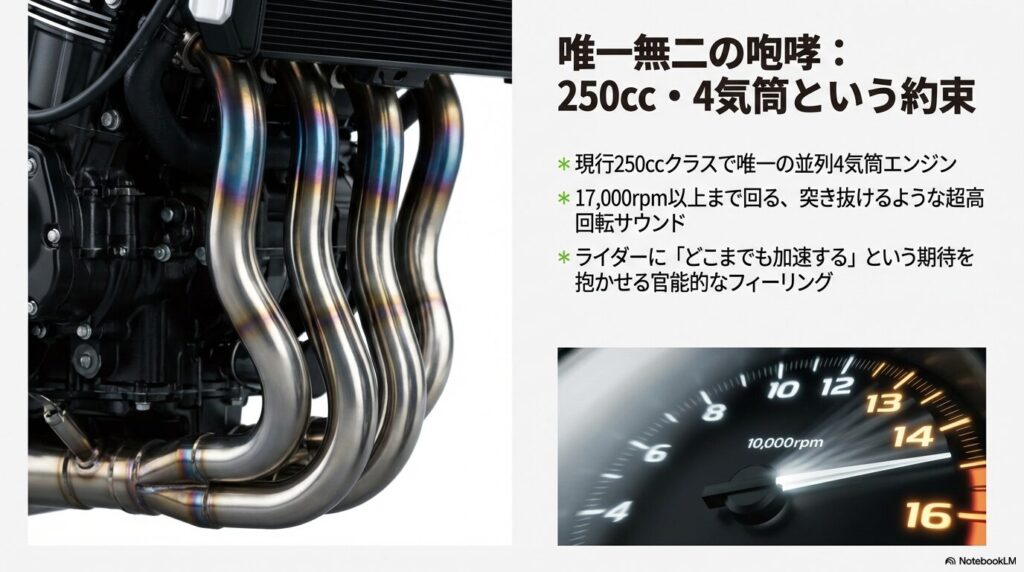 17,000rpm以上まで回るZX-25Rの4気筒エンジンとタコメーターのアップ