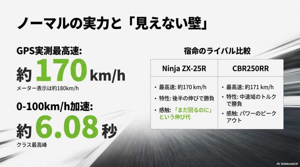 ZX-25R（実測170km/h）とCBR250RR（実測171km/h）の性能比較表
