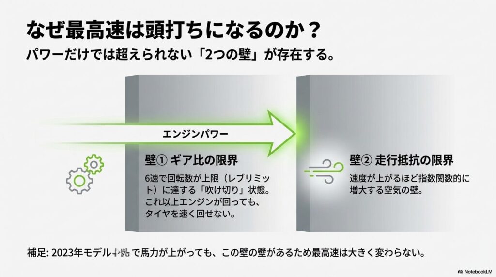 エンジンパワーだけでは超えられないギア比の限界と走行抵抗の限界の解説図