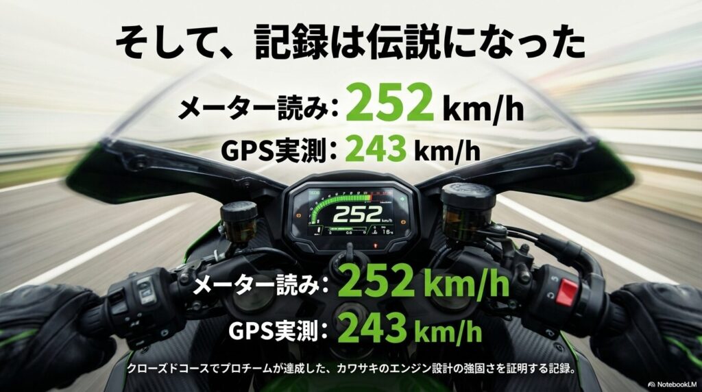 クローズドコースで達成されたメーター読み252km/h、GPS実測243km/hの記録
