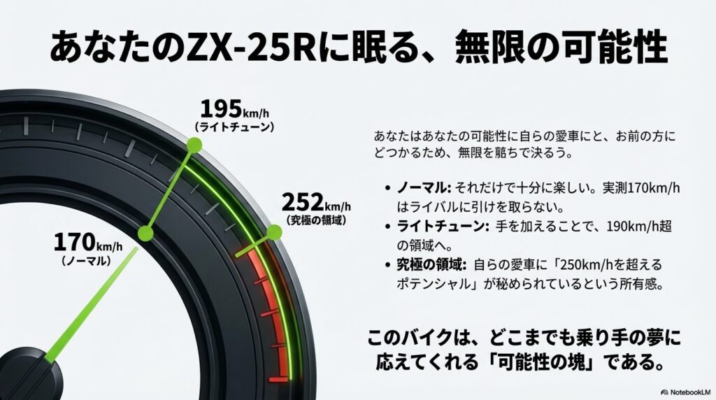 ノーマル170km/hから究極の252km/hまでの速度域を示したまとめ画像