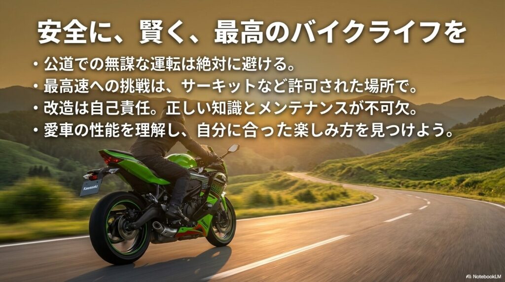 公道での無謀な運転の禁止と、サーキット走行、自己責任での改造を促す注意書き