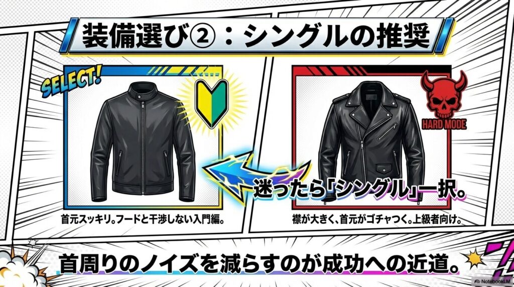 初心者には首元がスッキリするシングルライダースが推奨される理由