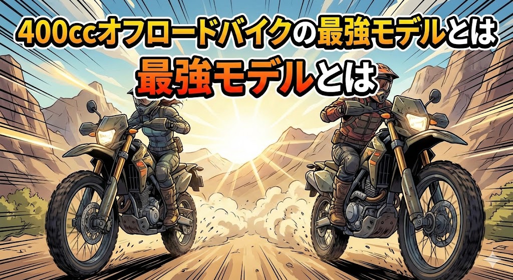 アニメ調で描かれた迫力ある400ccオフロードバイクの走行シーン。「400ccオフロードバイクの最強モデルとは」という見出しテキストが入ったアイキャッチ画像。