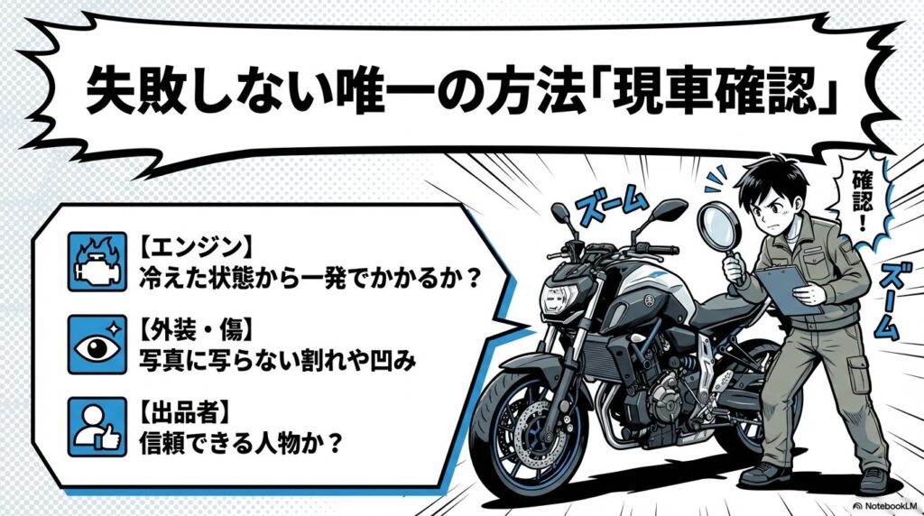 現車確認で見るべきポイント。「エンジンが冷えた状態からかかるか」「写真に写らない外装の傷」「出品者が信頼できる人物か」の3点を図解。