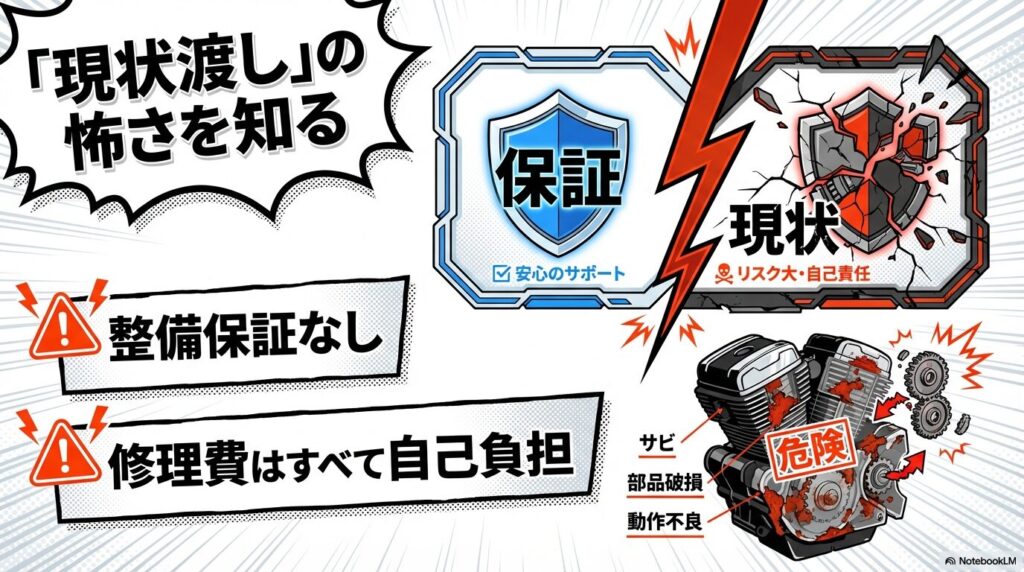 「現状渡し」の怖さを解説した図解。整備保証がなく、修理費はすべて自己負担になるためリスクが大きいことを警告している。