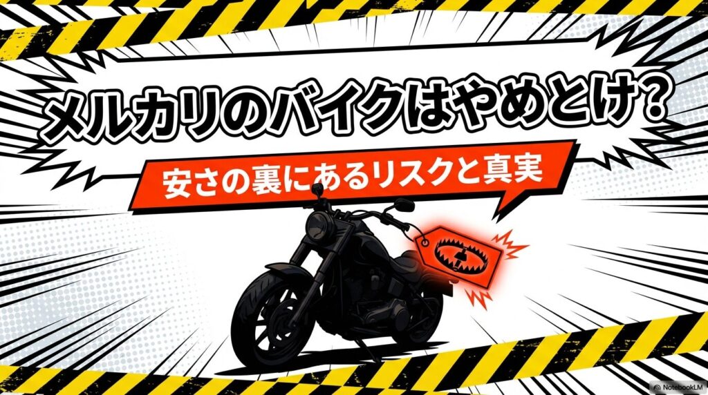 メルカリのバイクはやめとけ？安さの裏にあるリスクと真実」というタイトルの記事スライド資料表紙。