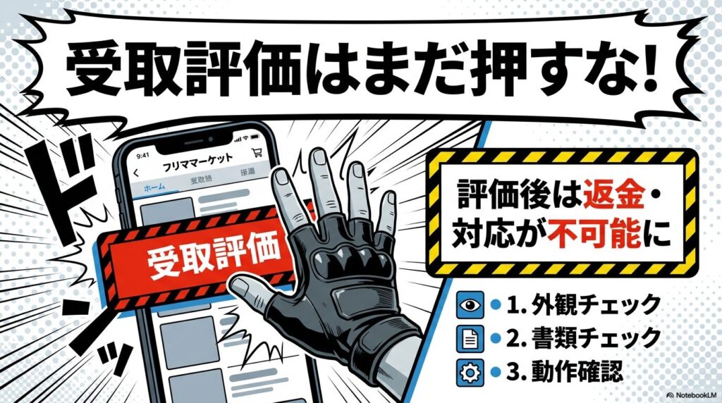 メルカリの受取評価画面の図解。評価後は返金対応が不可能になるため、その前に外観、書類、動作確認を行うよう促す注意喚起。