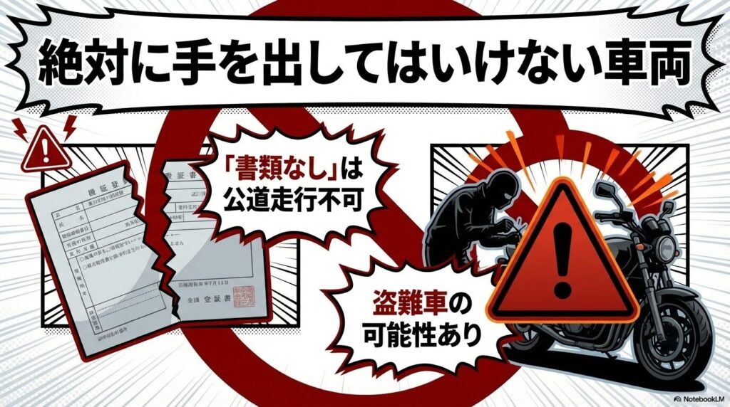 「書類なし」のバイクは公道走行不可であり、盗難車の可能性もあるため絶対に購入してはいけないという警告マーク付きの解説。