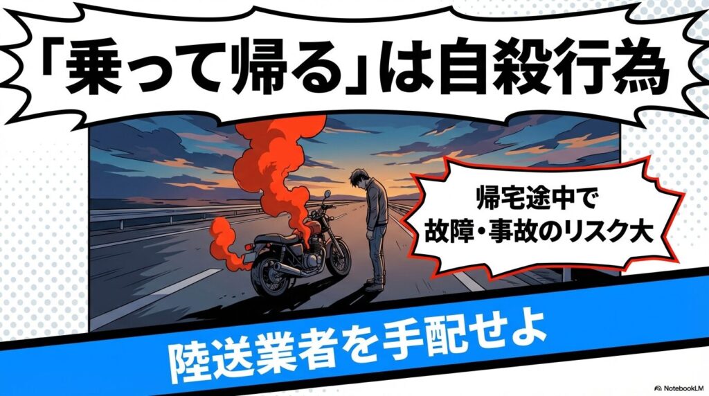購入後に乗って帰るのは「自殺行為」という警告。帰宅途中での故障や事故のリスクが高いため、陸送業者の手配を推奨する内容。