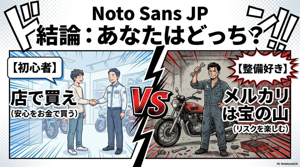 「初心者は店で買え（安心をお金で買う）」と「整備好きはメルカリは宝の山（リスクを楽しむ）」という2つのタイプを対比させたイラスト図解。