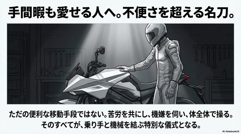 ガレージで苦労を共にし機嫌を伺う、乗り手と機械を結ぶ特別な儀式を表現したイラスト