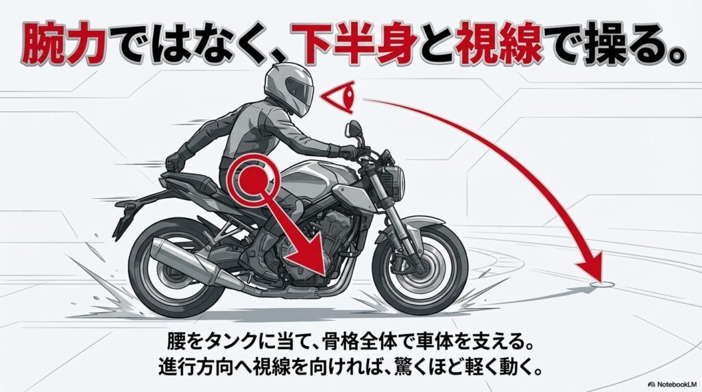 腰をタンクに当て骨格全体で車体を支え、進行方向へ視線を向けてバイクを軽く動かすイラスト