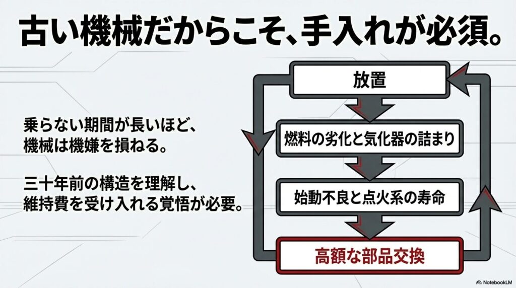放置による燃料の劣化や気化器の詰まりから、始動不良、高額な部品交換へと繋がるトラブルの流れ