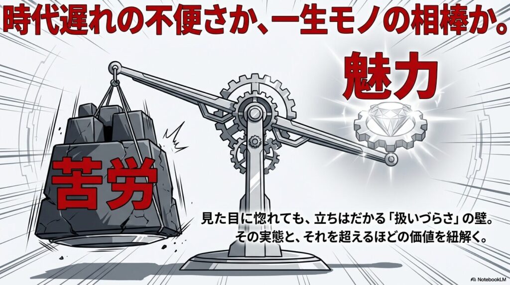 魅力と苦労の対比を示す「時代遅れの不便さか、一生モノの相棒か」というメッセージ