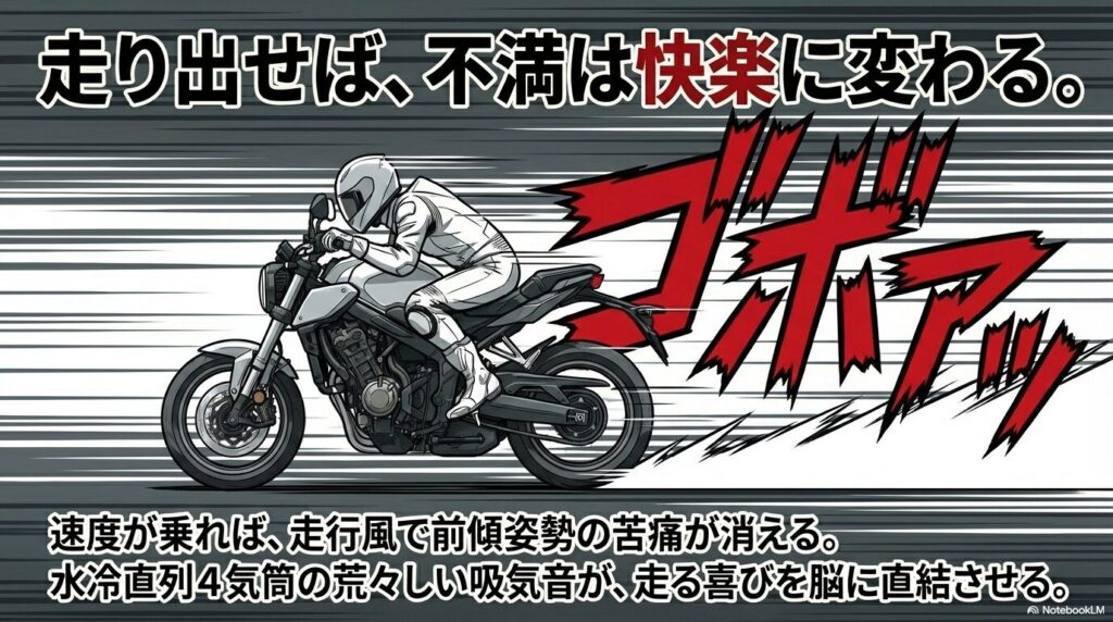 速度が乗ることで前傾姿勢の苦痛が消え、水冷直列4気筒の荒々しい吸気音が響く走行シーン