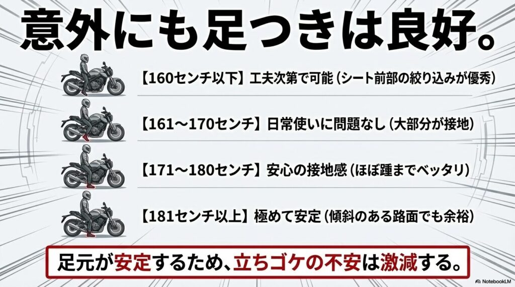 160センチ以下から181センチ以上までの身長別の足つき性と、立ちゴケの不安が激減する解説