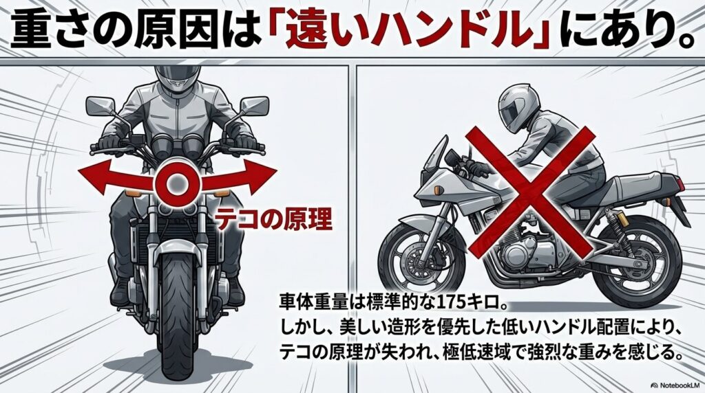カタナ400の低いハンドル配置によりテコの原理が失われ、極低速域で強烈な重みを感じるメカニズムの図解