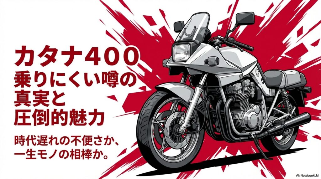 カタナ400のイラストと「カタナ400 乗りにくい噂の真実と圧倒的魅力」というタイトル文字