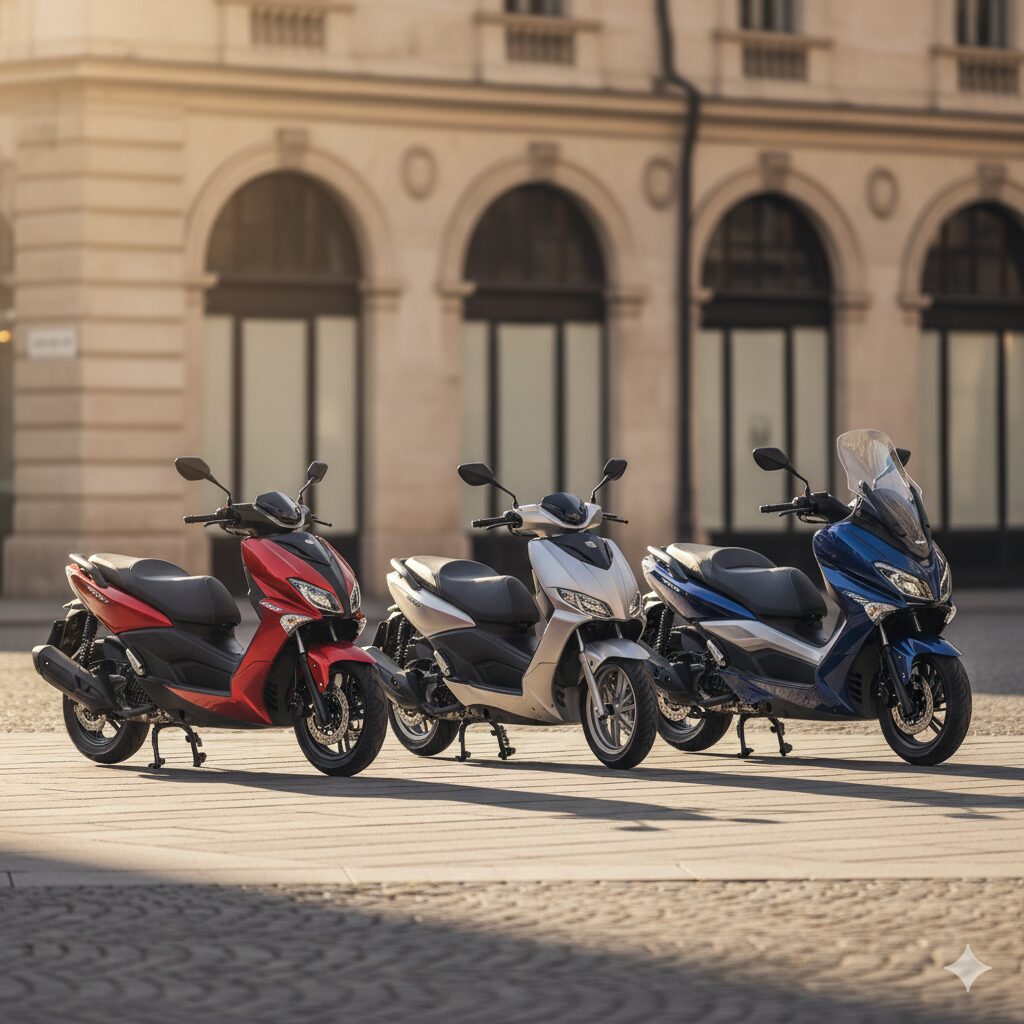 多様なデザインを持つキムコスクーター3車種を並べた比較画像。ヨーロピアンスタイルの洗練された外観を強調。
