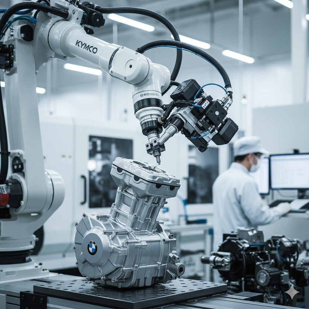 キムコ製品の高い製造技術を示す、精密な部品が並ぶクリーンなバイク製造ライン。BMWやカワサキへの技術供与の背景。