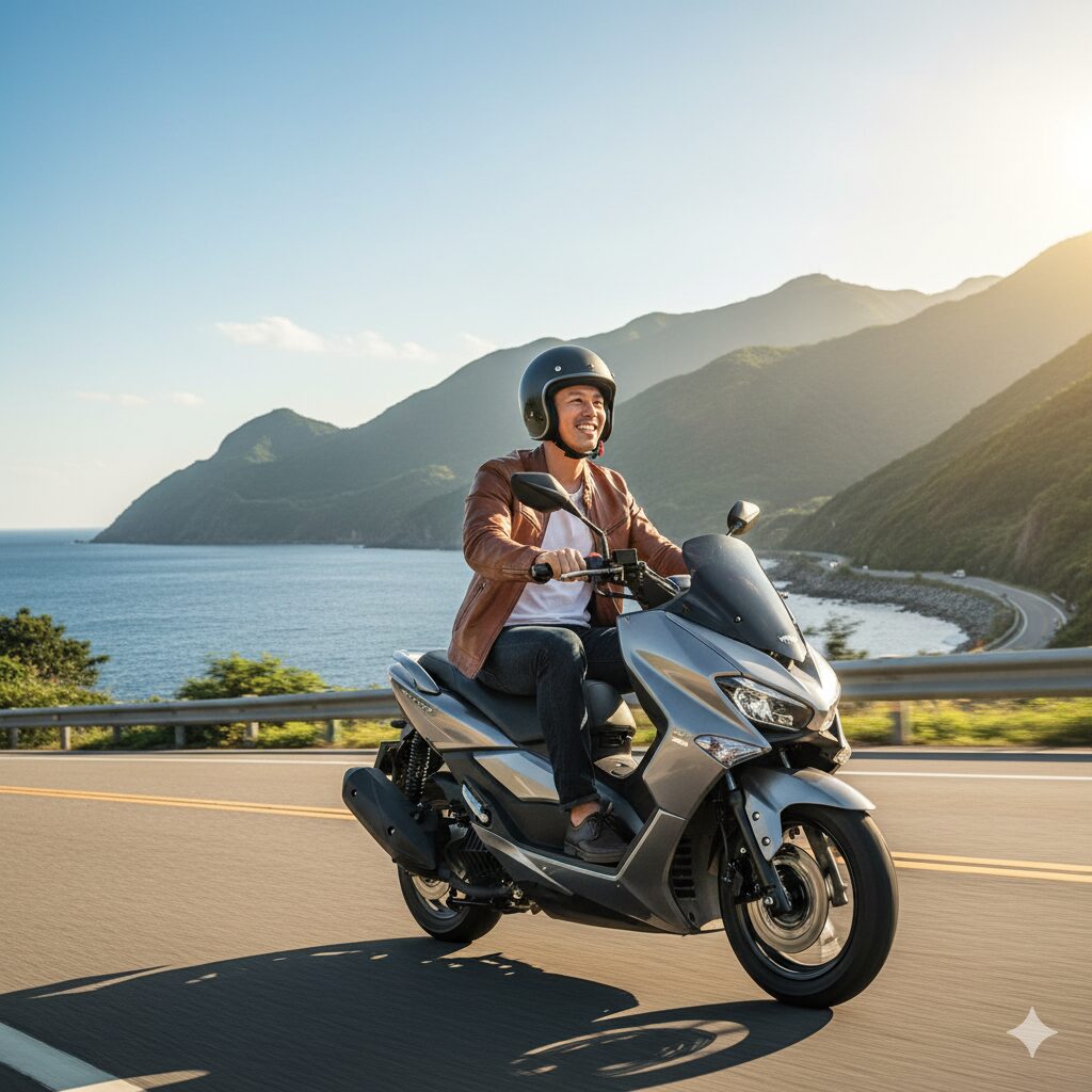 景色の良い道を自信を持って運転する日本人ライダー。コストパフォーマンスと適切なメンテナンスによる長期利用の満足感。