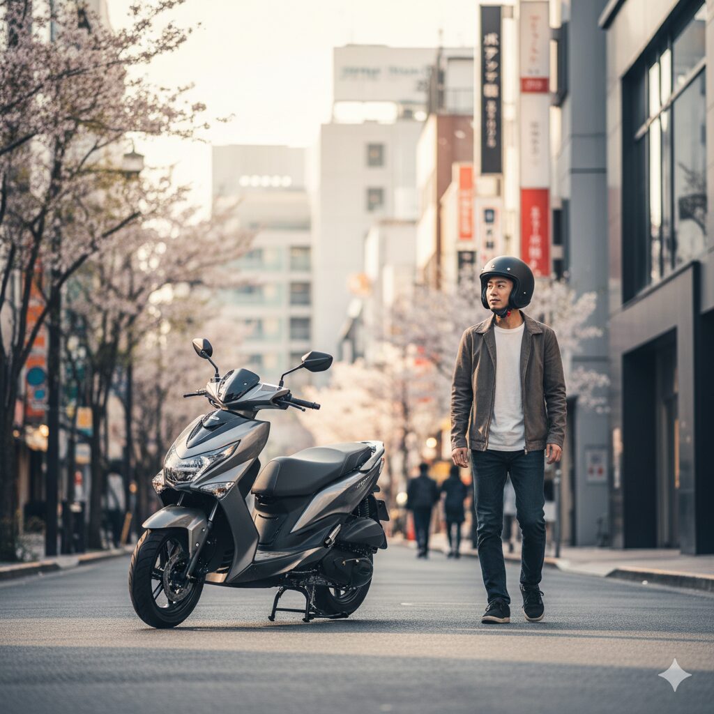 都会の街並みに停められたスタイリッシュなキムコ製スクーターと、乗車しようとしている日本人ライダー。キムコバイクの評判と実態。