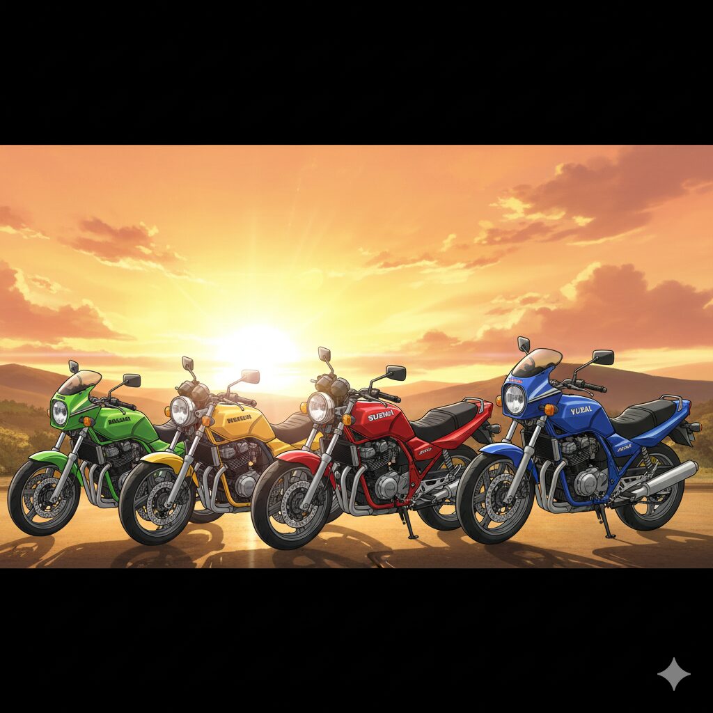 夕焼けを背景に並べられた4台のライバル車（バリオス、ホーネット、バンディット250、ジール）。アニメ調のイラストで描かれている。