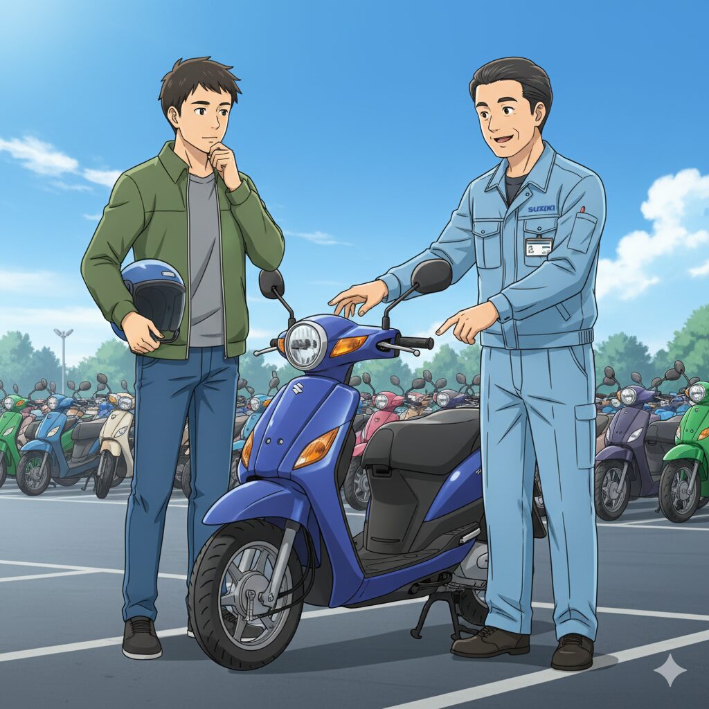 日本の中古バイク販売店で、店員(日本人男性)が中古のアドレスV50について、購入を検討している客(日本人男性)に説明しているアニメ調のイラスト。店員は車両の状態を指差し、細部をチェックする重要性を伝えている。
