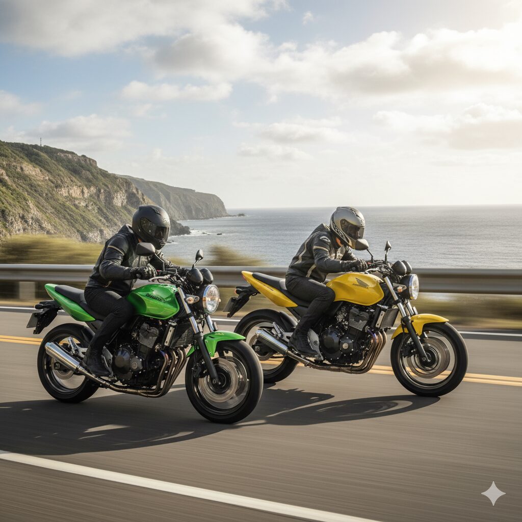 海沿いの道を並走するカワサキバリオス（緑）とホンダホーネット（黄）。二人のライダーが比較走行しているイメージ。