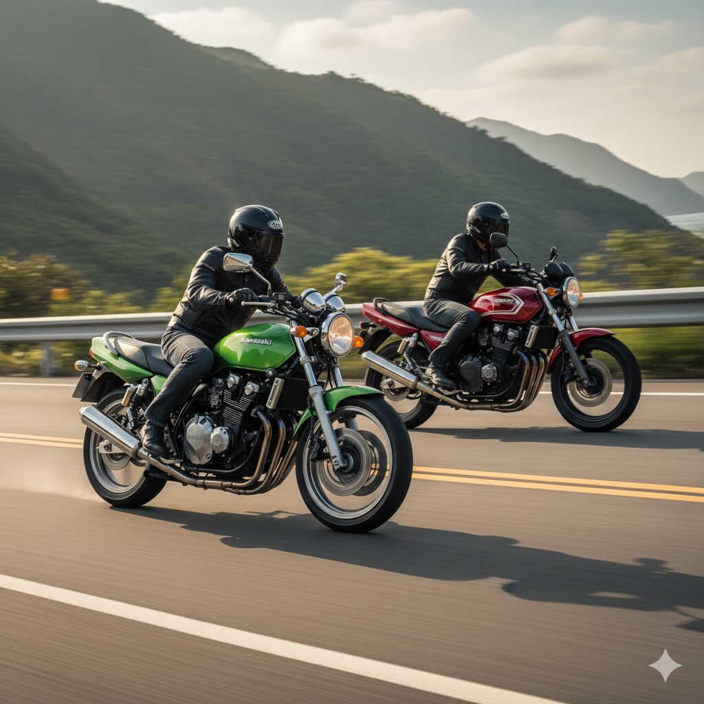  山道を走行するカワサキバリオス（緑）と400ccクラスの旧車（赤）。250ccと400ccの比較イメージ。