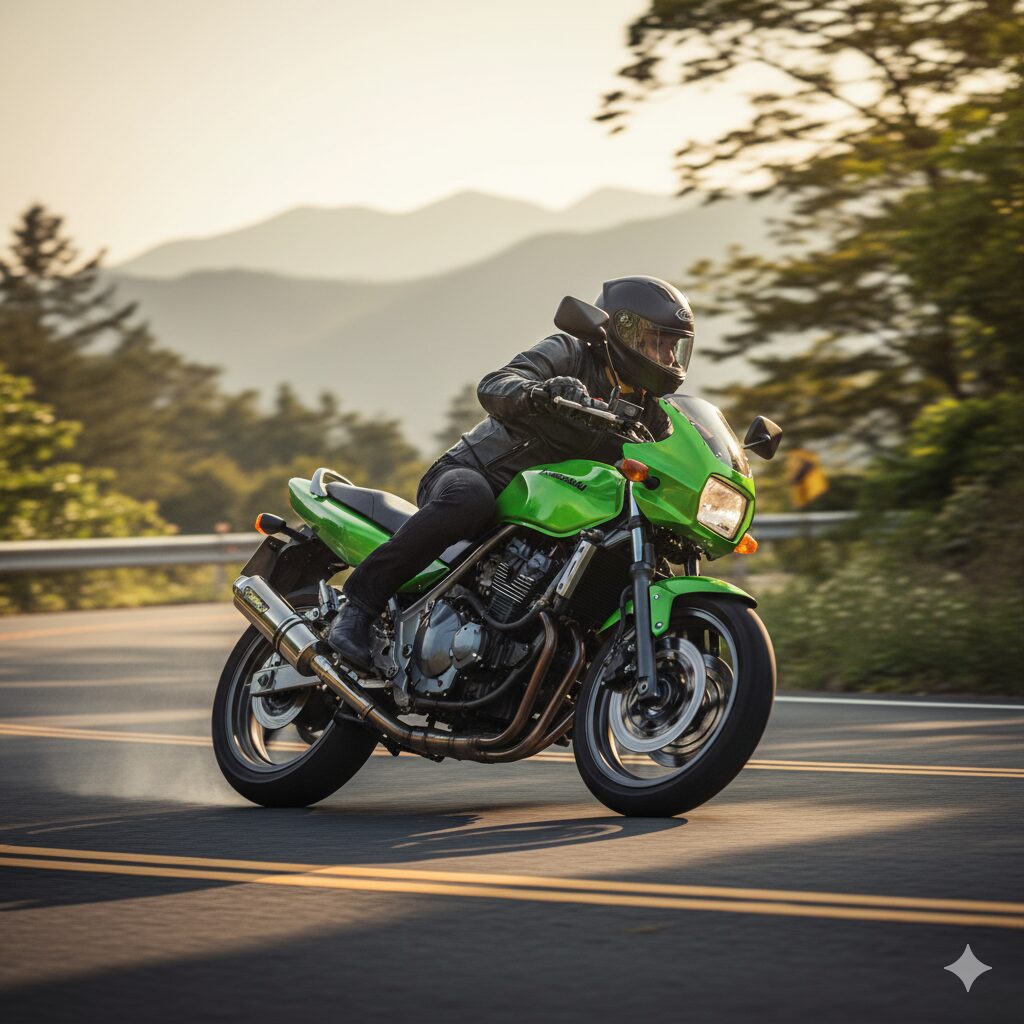 峠道を軽快にコーナリングするバリオスとライダー。高回転型エンジンの特性を活かしたライディングのイメージ。