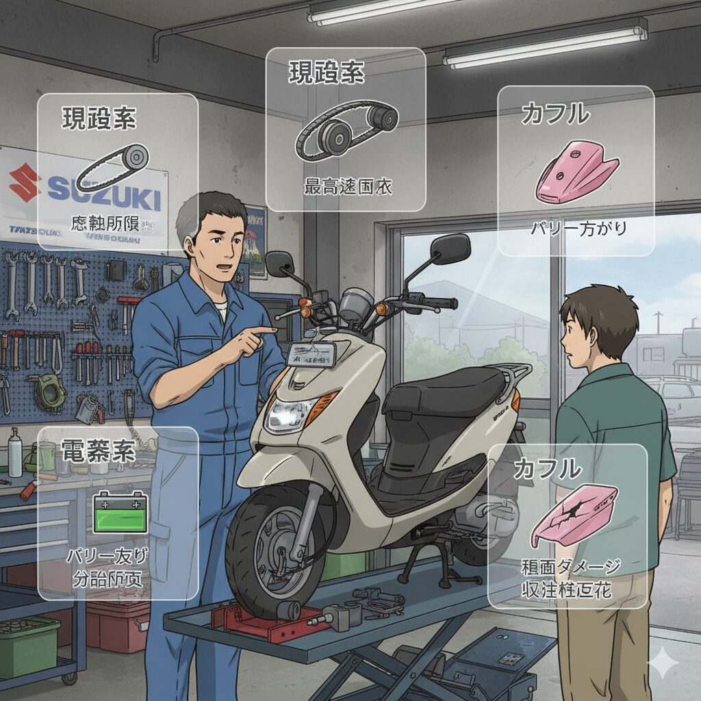 バイク整備士の日本人男性が、整備中のアドレスV50の故障しやすい箇所について、オーナーらしき日本人男性に説明している。画像には「駆動系」「電装系」「カウル」といった故障箇所のアイコンと説明が表示されている。
