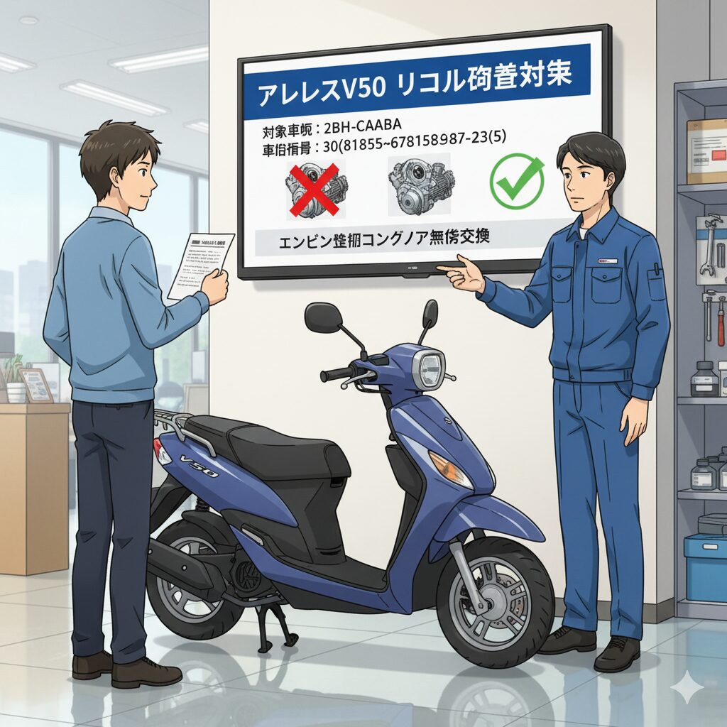 バイク販売店の店員(日本人男性)が、アドレスV50のリコール情報について、オーナー(日本人男性)に説明しているアニメ調のイラスト。壁のモニターには「アドレスV50 リコール改善対策」と表示され、対象車両の型式や車台番号、対策内容が図で示されている。