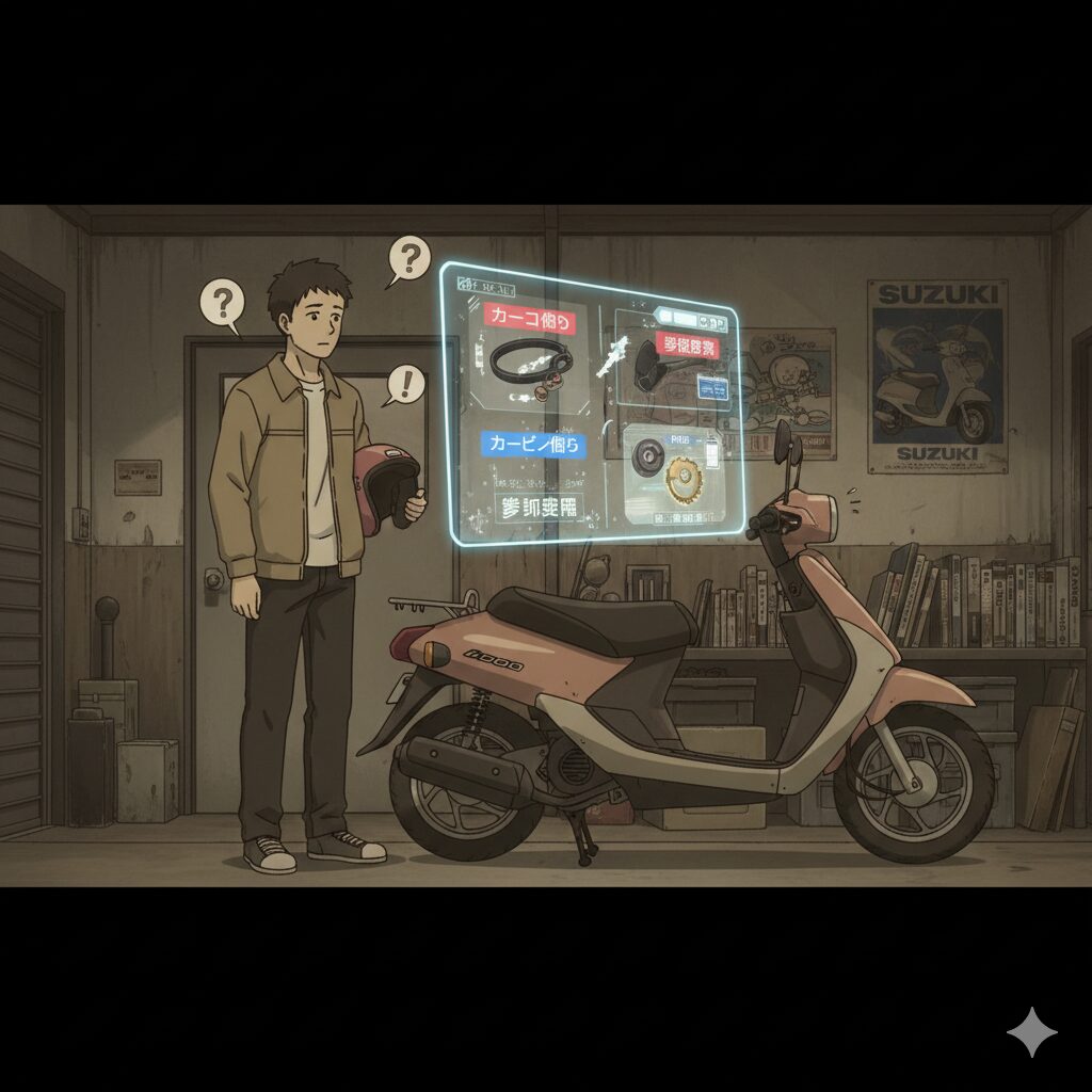 ガレージでスクーター「アドレスV50」の前に立つ日本人男性が、バイクの故障について悩んでいる様子。頭上には疑問符と感嘆符が浮かび、バイクには「カーボン噛み」や「駆動系」など、故障原因に関する情報がホログラムのように表示されている。