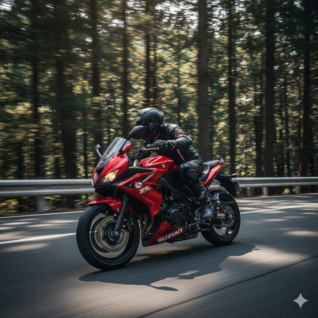 高回転域のパワーを活かしワインディングロードを鋭く加速するGSR400とライダー。