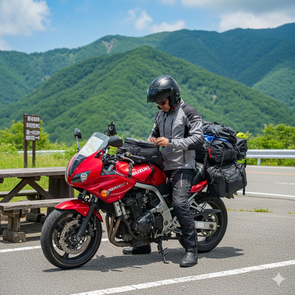 積載性の低さを補うため、シートバッグやタンクバッグを装着して長距離ツーリングの準備をするGSR400。