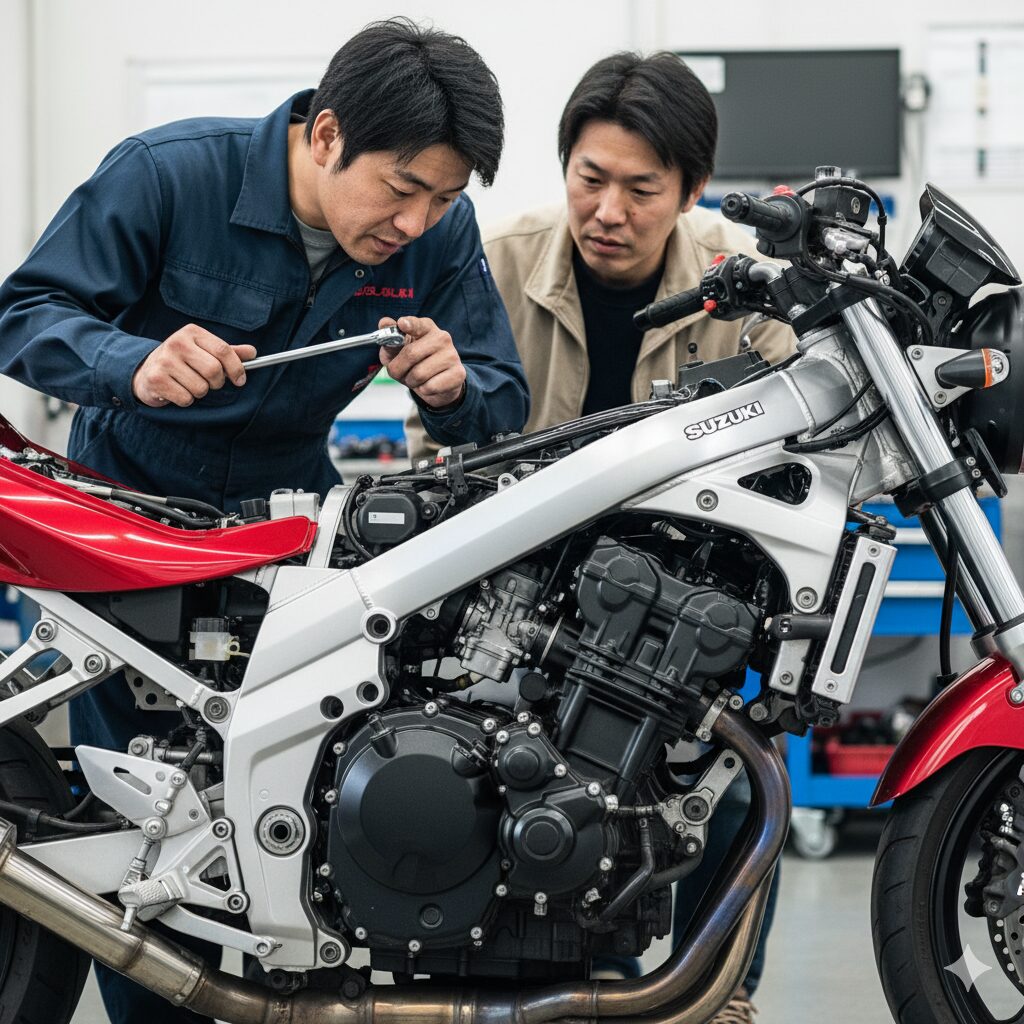 GSR400のエンジン周辺を点検する日本の整備士。ツインスパーフレームによる整備性の課題を示唆。