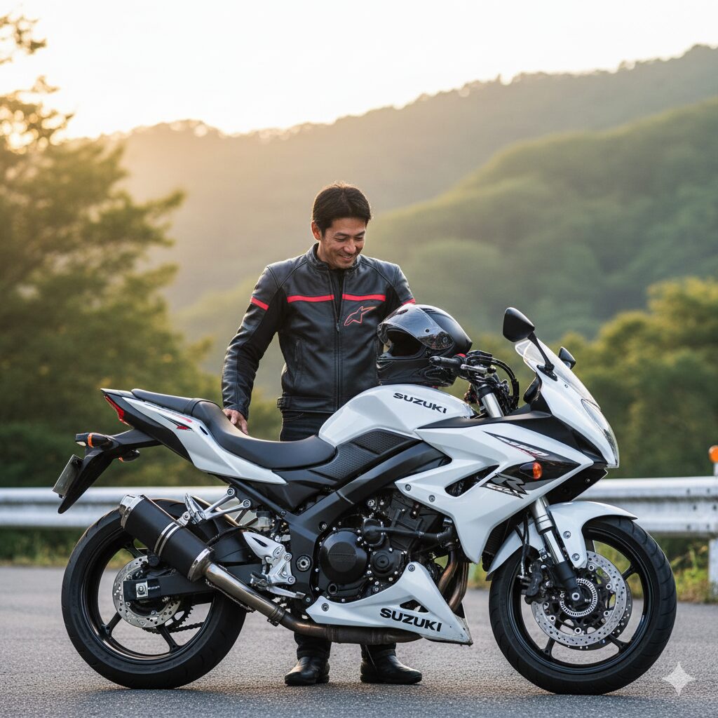 大型バイクのような堂々とした車体を持つGSR400を所有し、満足している日本人ライダー。