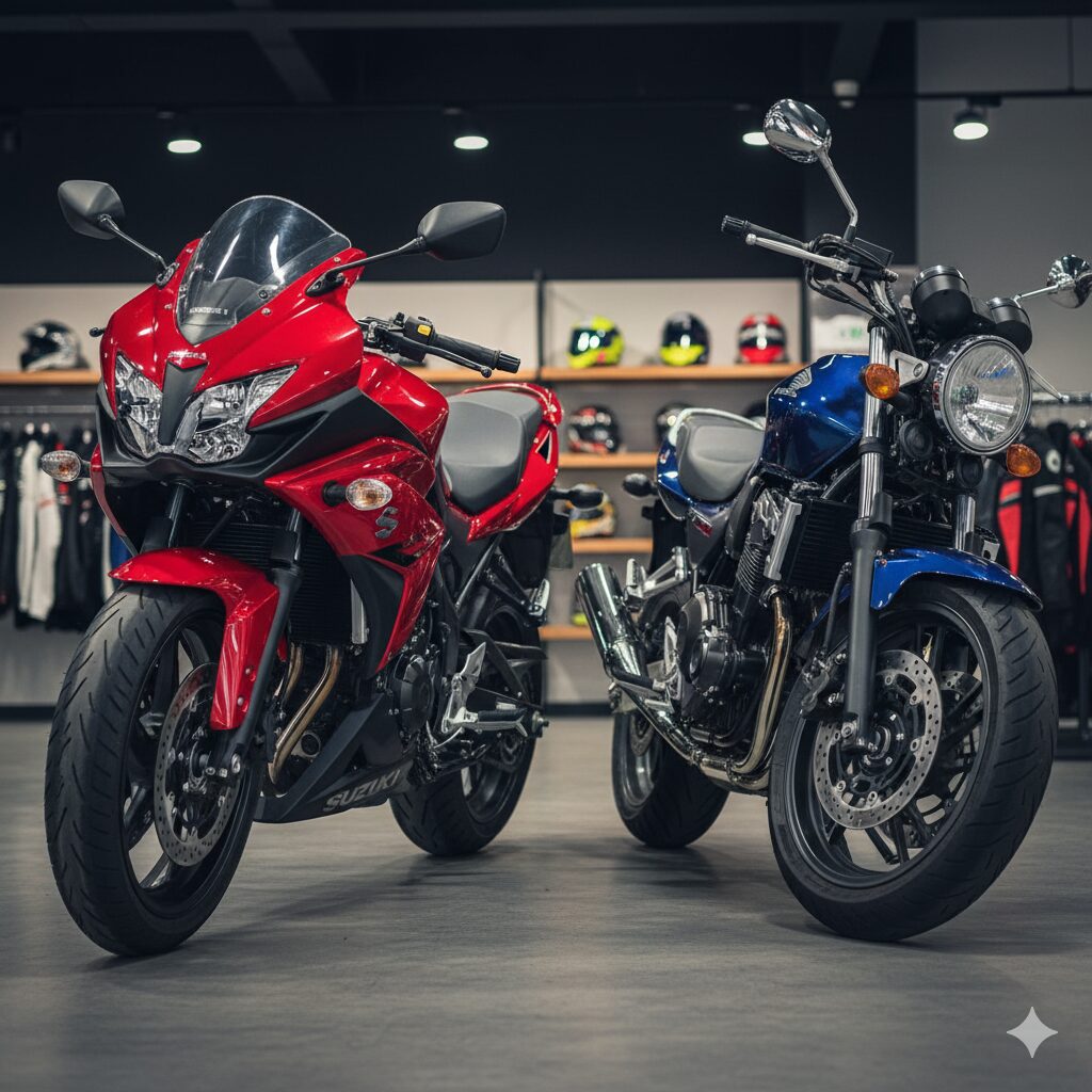 ライバル車であるCB400SFと並べられたGSR400。GSR400の大型バイクのような重厚感と幅の太いリアタイヤを強調。