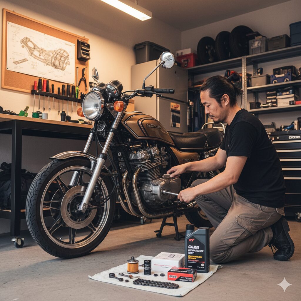 日本人のライダーがガレージでジェイド250のメンテナンスを行う様子、計画的なパーツ交換の重要性を示す。