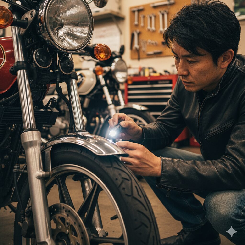 中古のジェイド250のフロントフォークのオイル漏れや点錆を注意深く確認する購入希望者の日本人男性。