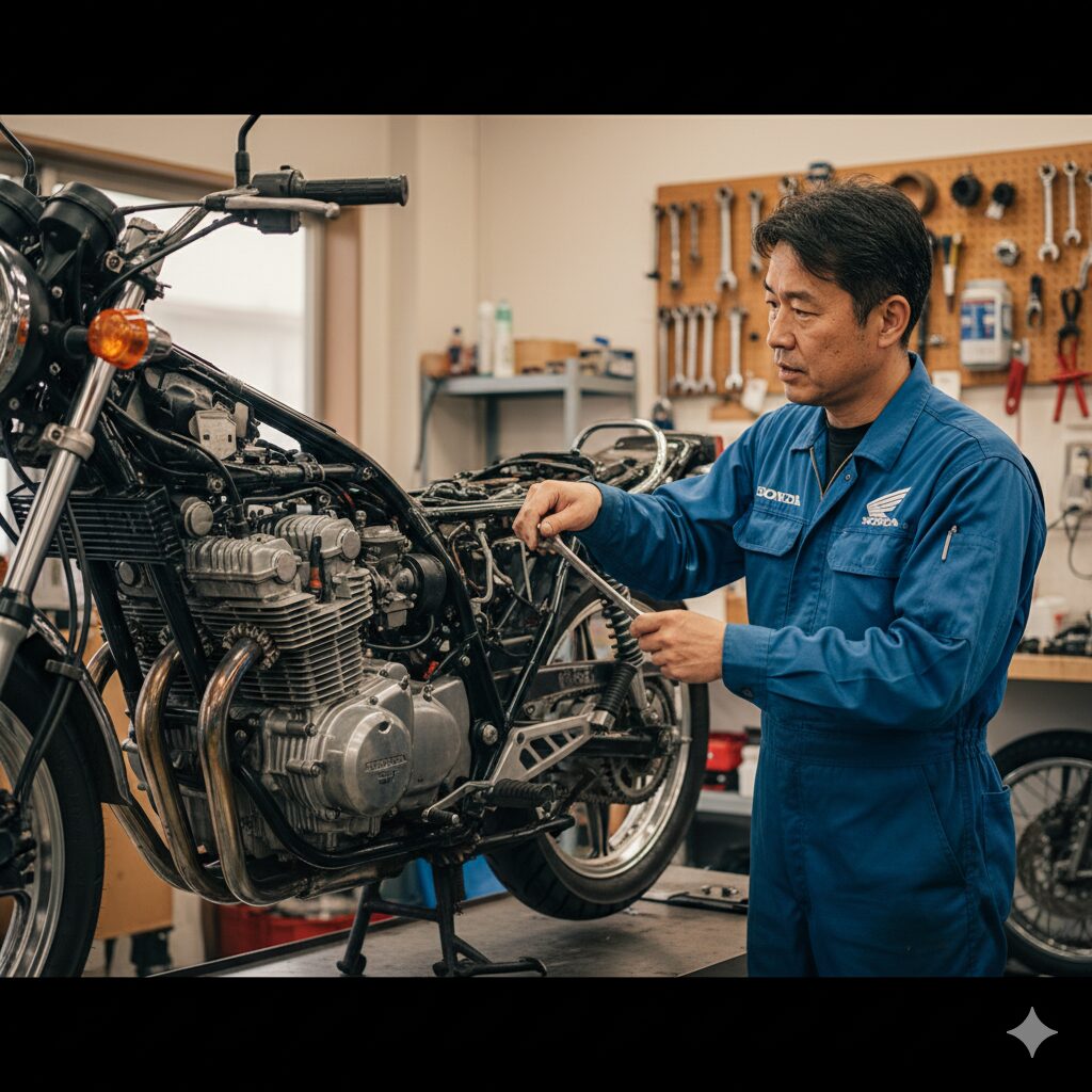 整備士がホンダ ジェイド250のキャブレターを指さして解説する様子、旧車特有の構造的な弱点を示す。