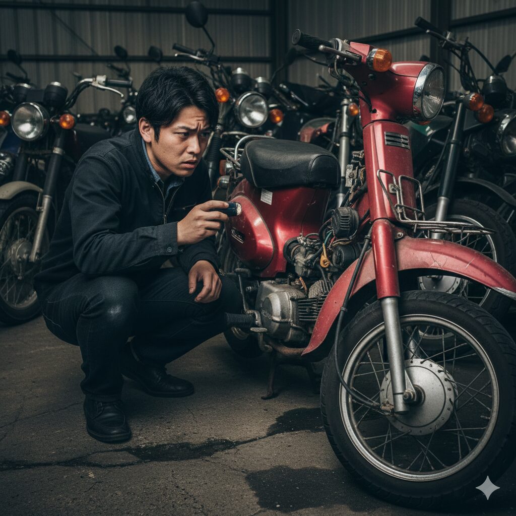 日本人男性が中古の125ccスクーターのエンジン部分を覗き込み、故障の可能性を心配している様子。背景には少し古びたバイクが並ぶ。
