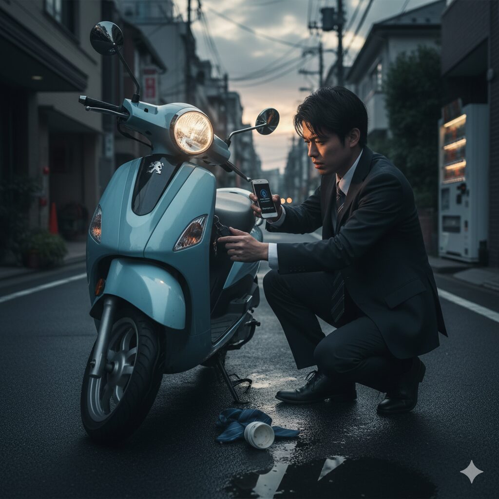 朝、セルが回らずエンジンがかからないプジョースクーターの前で困っている日本人サラリーマン。