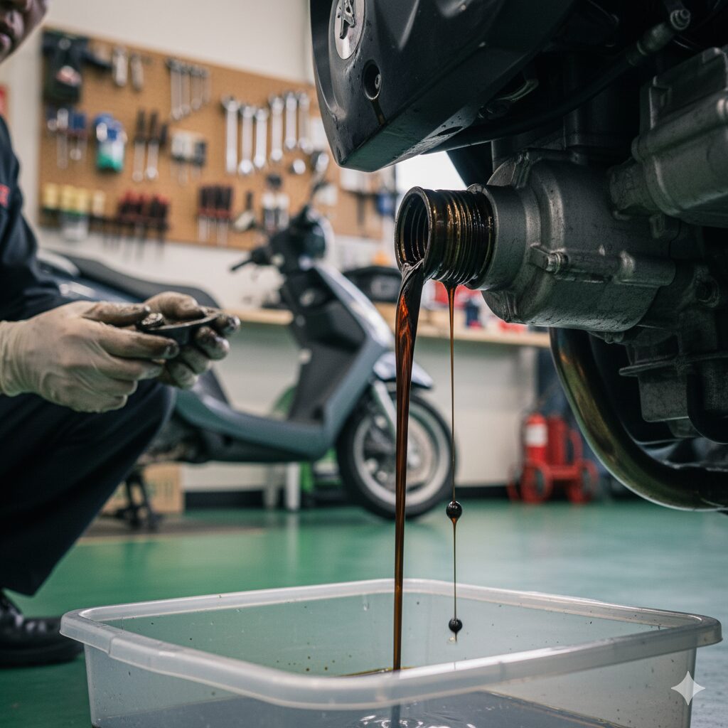 高温で劣化した古いエンジンオイルがドレンボルトから勢いよく排出されている様子