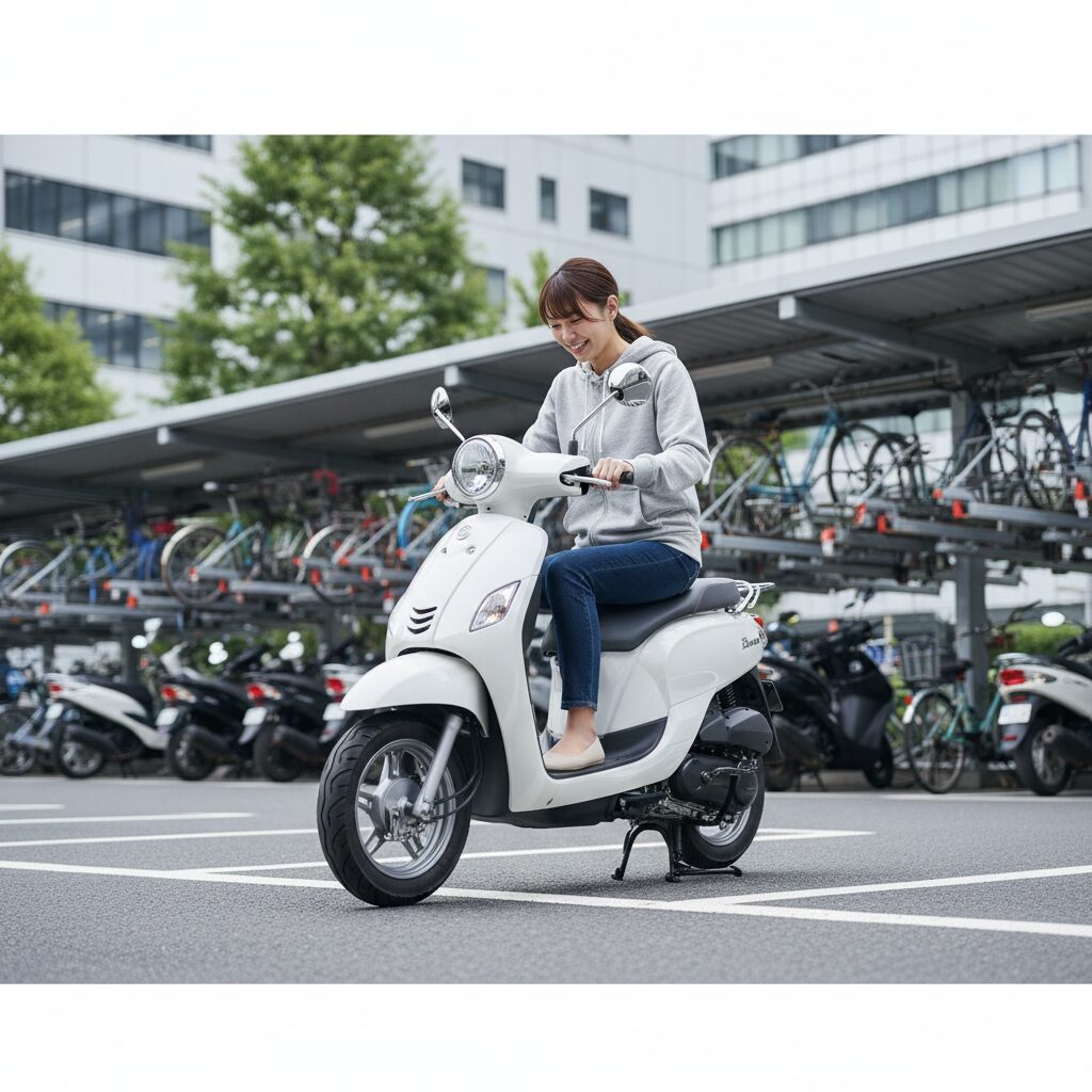駐輪場で、小柄な日本人女性が軽量な125ccスクーターにまたがり、両足が地面にしっかり届いていることを確認している様子。