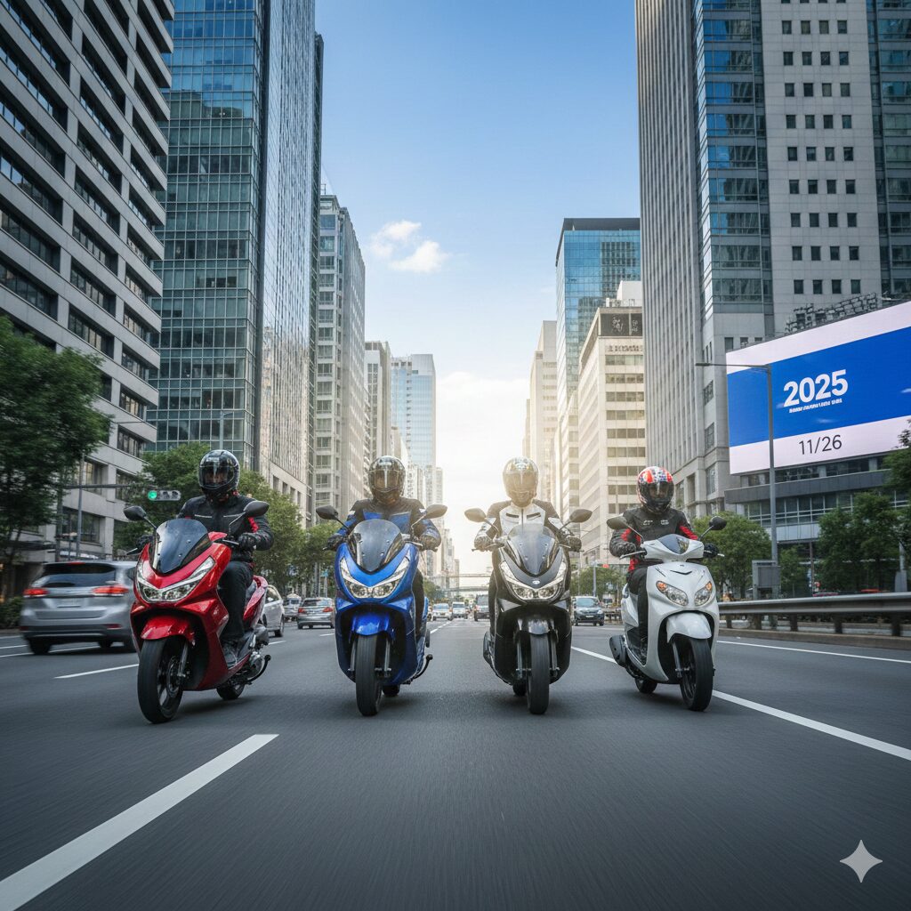 都会の道を走るカラフルな125ccスクーターが複数台。青空の下、ビルが背景に見え、ライダーたちはヘルメットを着用している。