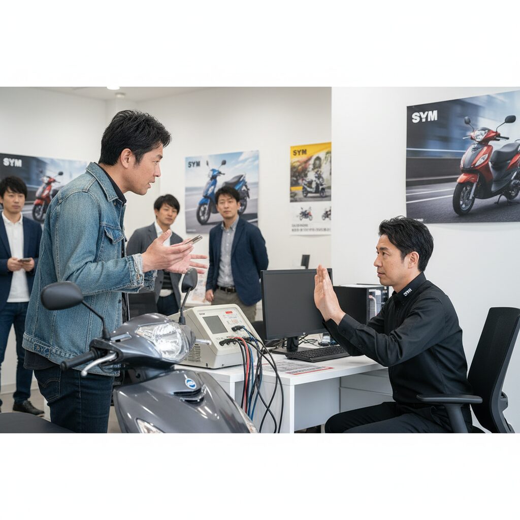 SYM正規代理店のカウンターで修理を断られ困惑している日本人男性客