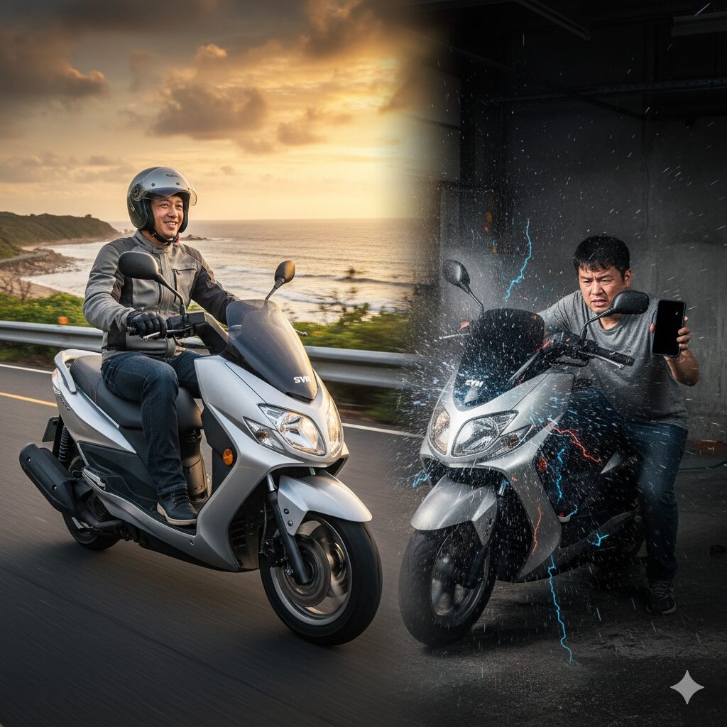 快適にツーリングを楽しむSYM RV125iのライダーと、電装系トラブルで困惑しているRV125iのオーナー。